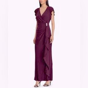 Ralph Lauren Ruffle Long Gown 6 Rhinestone Elegant Burgundy Purple Maxi Dress